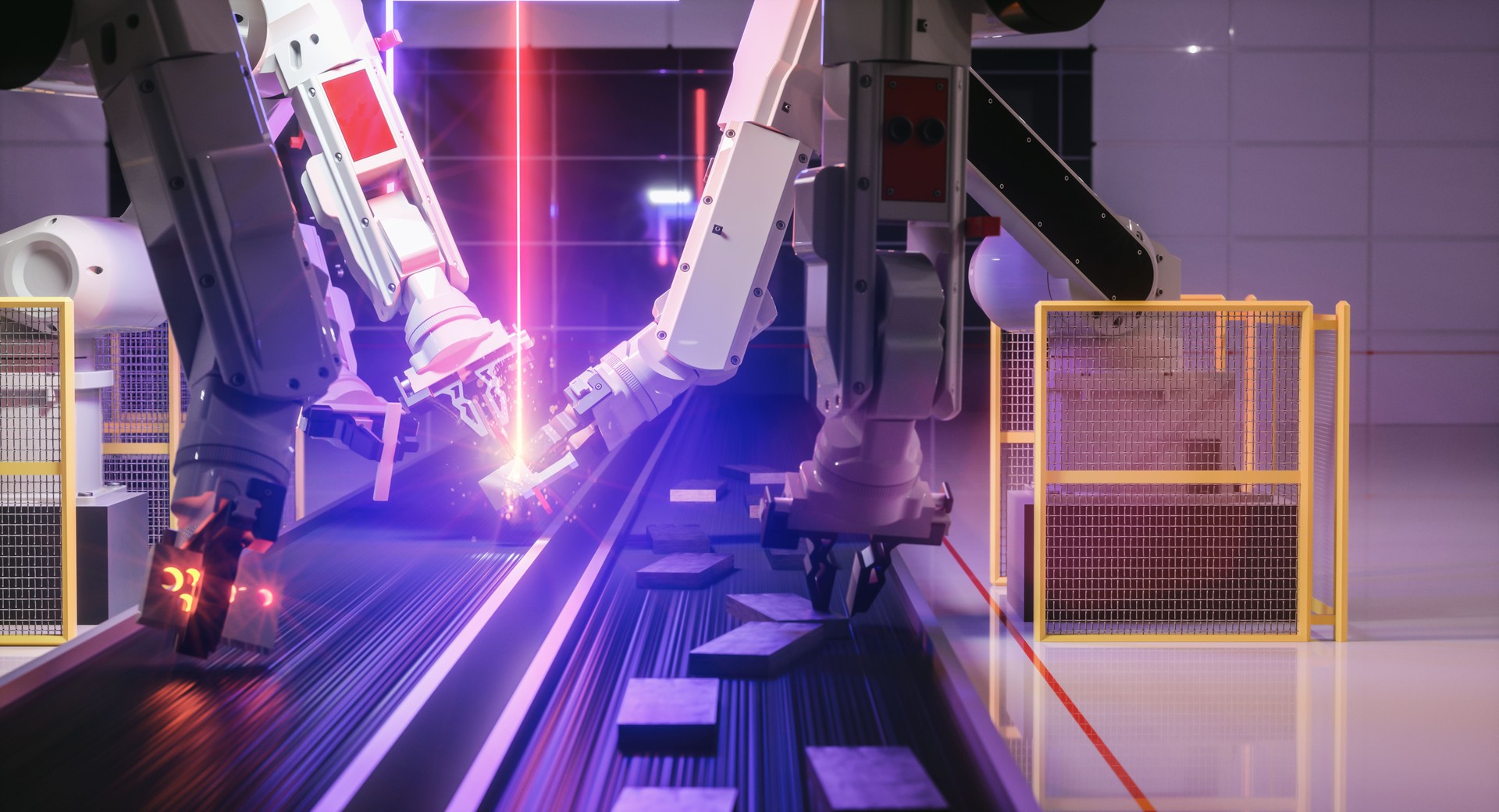 Smart automation industry robot in action welding metall - industry 4.0 concept - 3D Rendering
